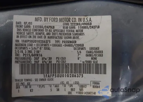 2001 Ford Taurus Se из США, поврежденный, VIN 1FAFP58U01G286375